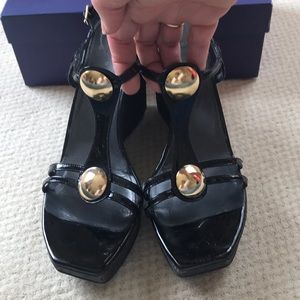 Stuart Weitzman soft patent wedge sandals